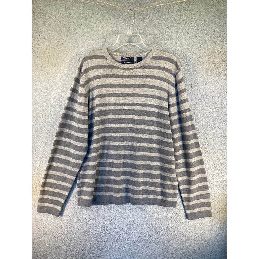 Garret Scott Sweater Men's XL Gray Stripe Extra Fine Merino Wool‎ Modern Fit